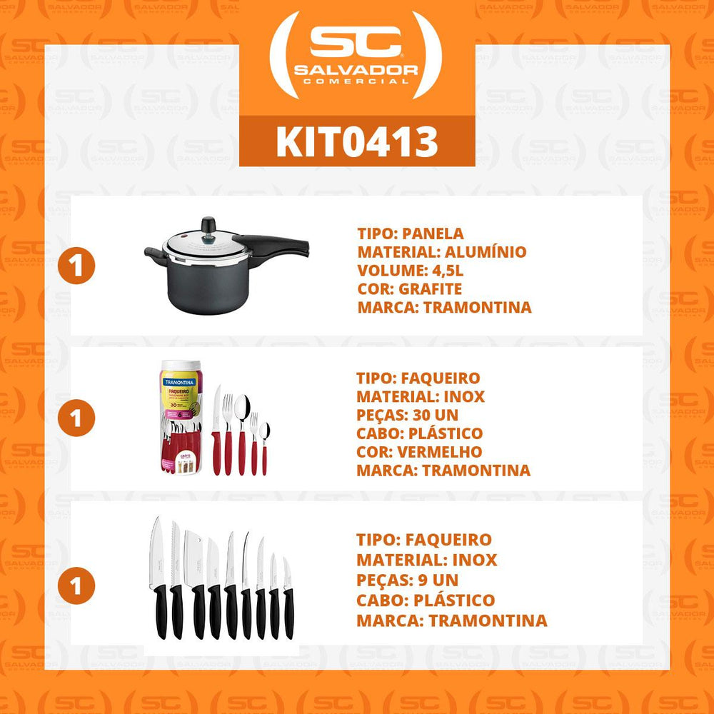 Kit Panela de Pressão 4,5 Grafite + 1 Faqueiro Vermelho 30pç + 1 Conjunto Facas 9pç - Tramontina