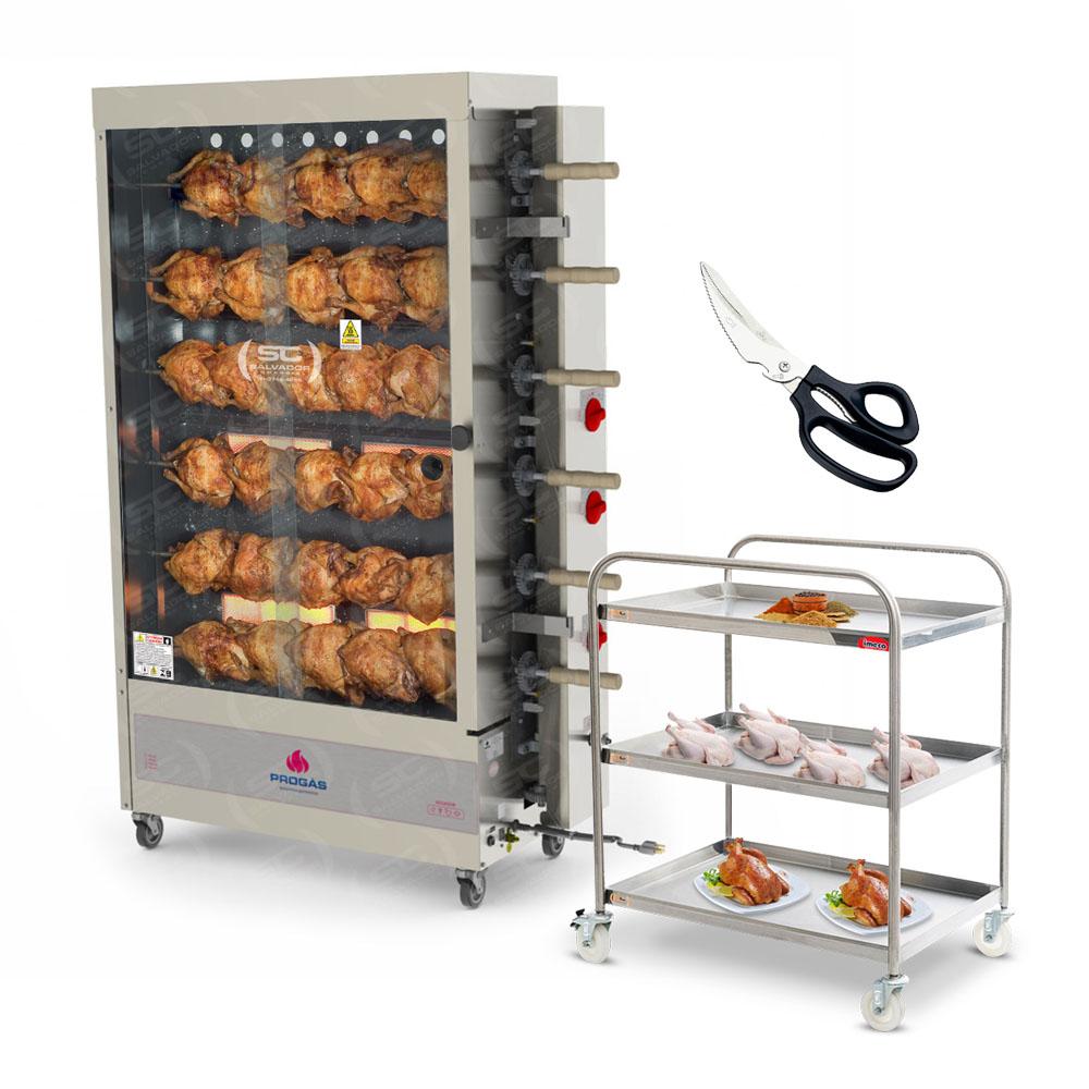 Assador de Frango Gás 6 Espetos Infra Pr-631 Progás + Tesoura Tramontina + Carrinho Inox 3 Níveis Imeca