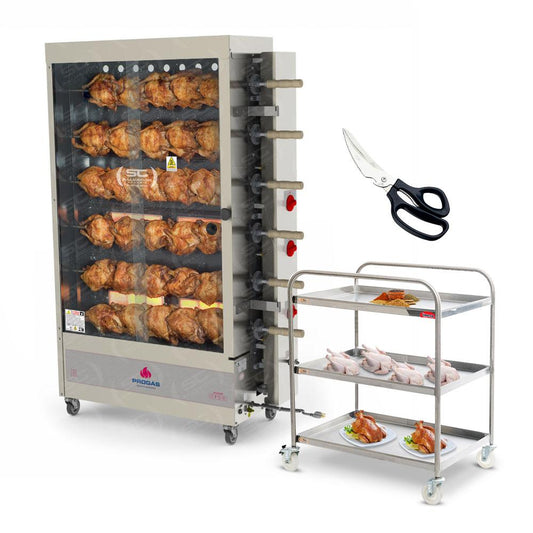Assador de Frango Gás 6 Espetos Infra Pr-631 Progás + Tesoura Tramontina + Carrinho Inox 3 Níveis Imeca