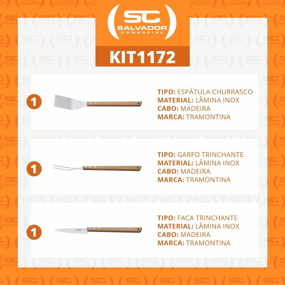 Kit Utensílios de Churrasco Servir e Preparar Cabo de Madeira 3 Peças  - Tramontina
