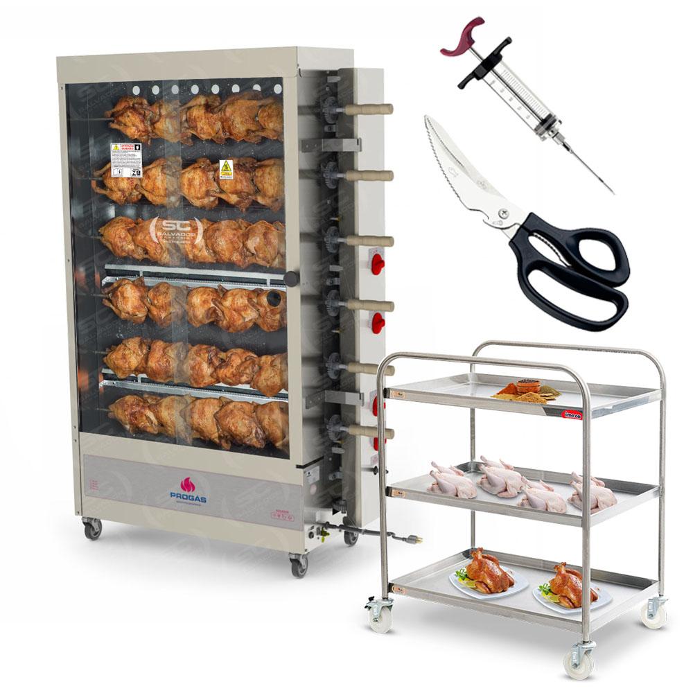 Assador de Frango Gás 6 Espetos Tubular Pr-634 + Tesoura + Carrinho Inox + Injetor de Temperos