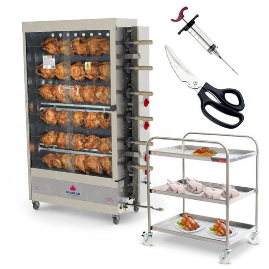 Assador de Frango Gás 6 Espetos Tubular Pr-634 + Tesoura + Carrinho Inox + Injetor de Temperos