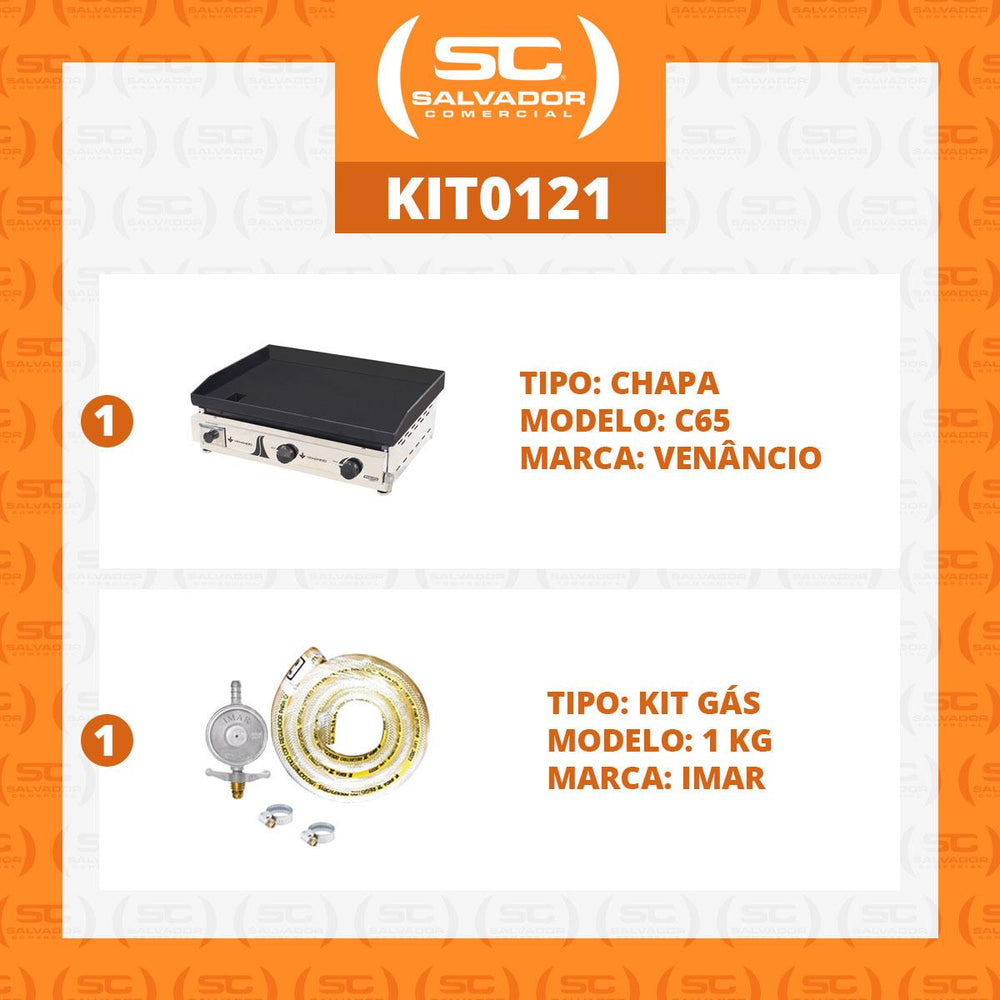 Kit - Chapa Bifeteira A Gás Lisa 65cm Comercial Aço Carbono C65 6,35mm + Kit Gás - Venâncio