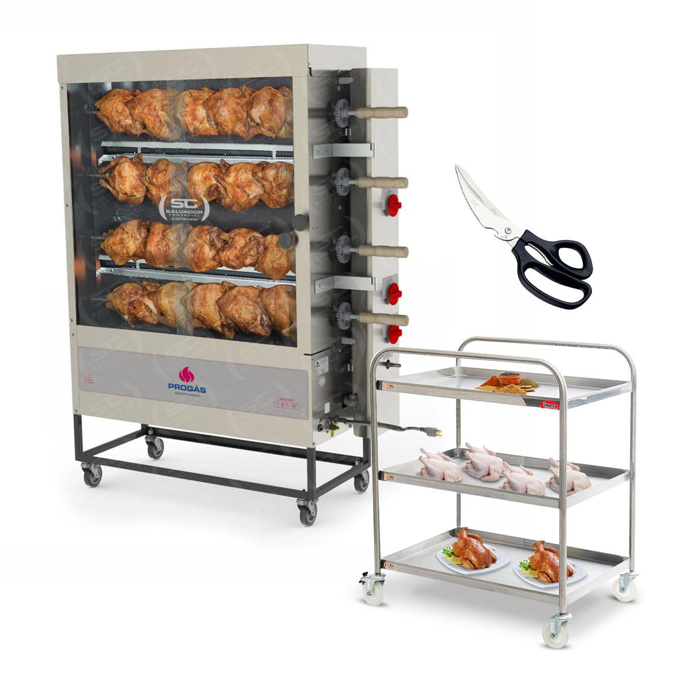 Assador de Frango Rotativo Profissional a Gás 4 Espetos Tubular Pr-623 Progás + Tesoura Tramontina + Carrinho Inox 3 Níveis Imeca