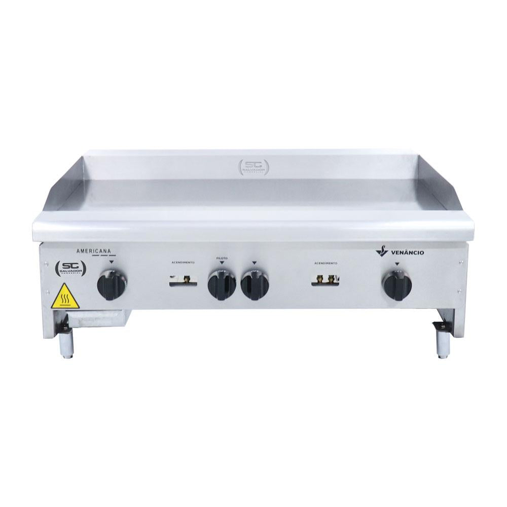 Chapa Americana Profissional 90cm a Gás 8mm Lisa Inox CG90 e Conjunto de Espátulas - Venâncio