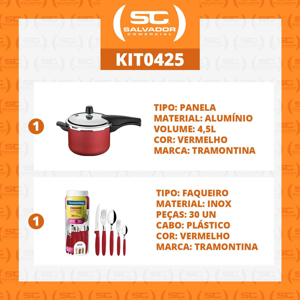 Kit - Panela de Pressão 4,5 Vancouver Vermelha + 1 Faqueiro Vermelho 30pç - Tramontina