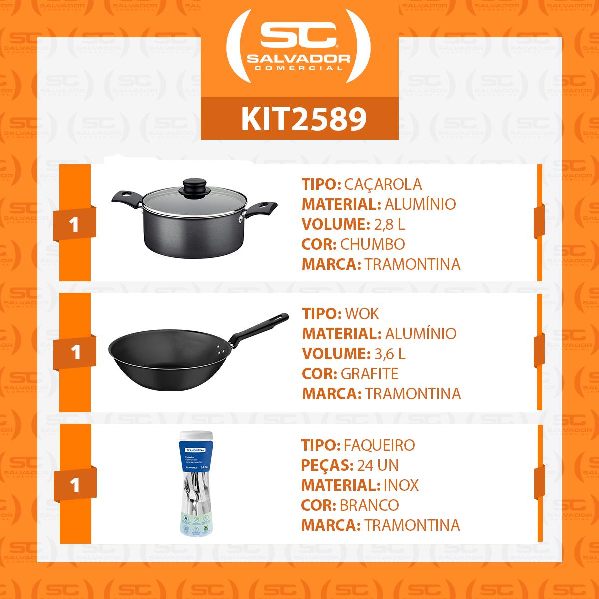 Caçarola Turim Alumínio Chumbo Antiaderente 2,8L + Faqueiro Ipanema Branco 24pc + Wok Loreto 3,6L