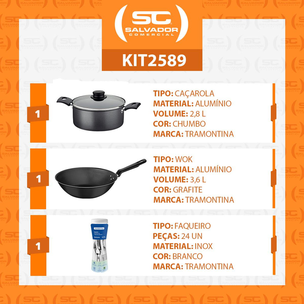 Caçarola Turim Alumínio Chumbo Antiaderente 2,8L + Faqueiro Ipanema Branco 24pc + Wok Loreto 3,6L