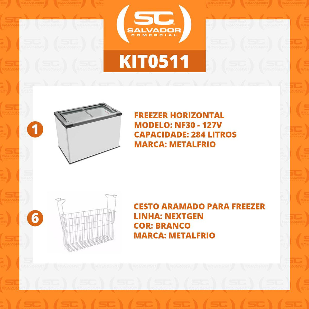 Kit Freezer Horizontal Tampa De Vidro 231/292 Litros NF30 - Metalfrio 127V + 6 Cestos Nextgen Branco