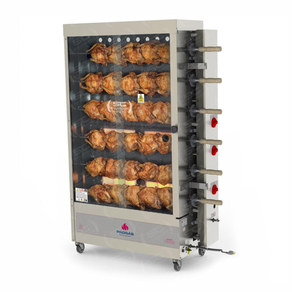 Assador de Frango Rotativo Profissional a Gás 6 Espetos Infravermelho PR-631 Bivolt Progás + Carrinho Inox Imeca