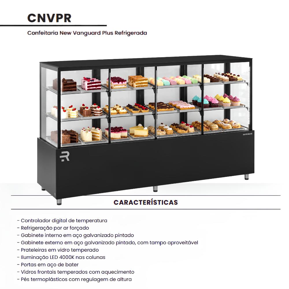 Características da vitrine Refrimate CNVPR2050: ar forçado, controle digital, prateleiras de vidro e iluminação LED 4000K.