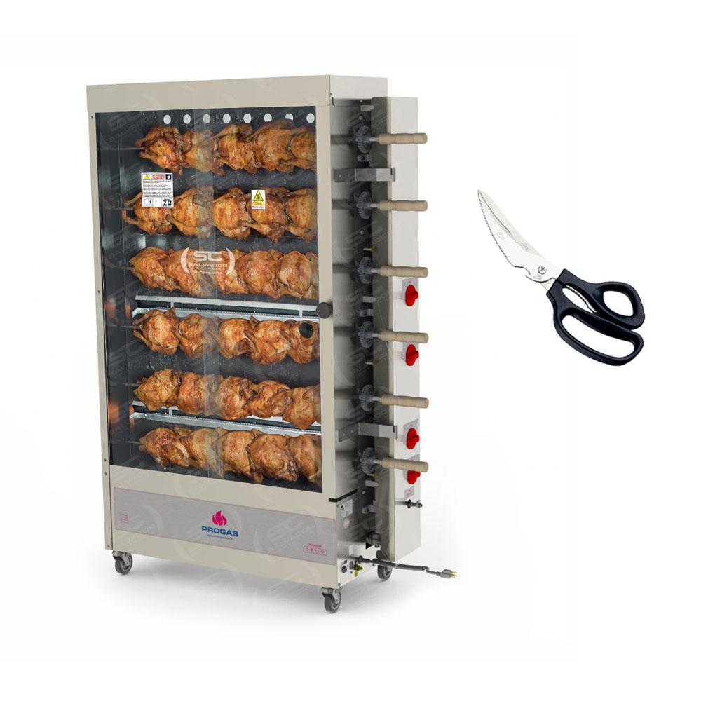 Assador de Frango Rotativo Profissional a Gás 6 Espetos Tubular PR-634 Bivolt Progás + Tesoura Multifuncional Tramontina