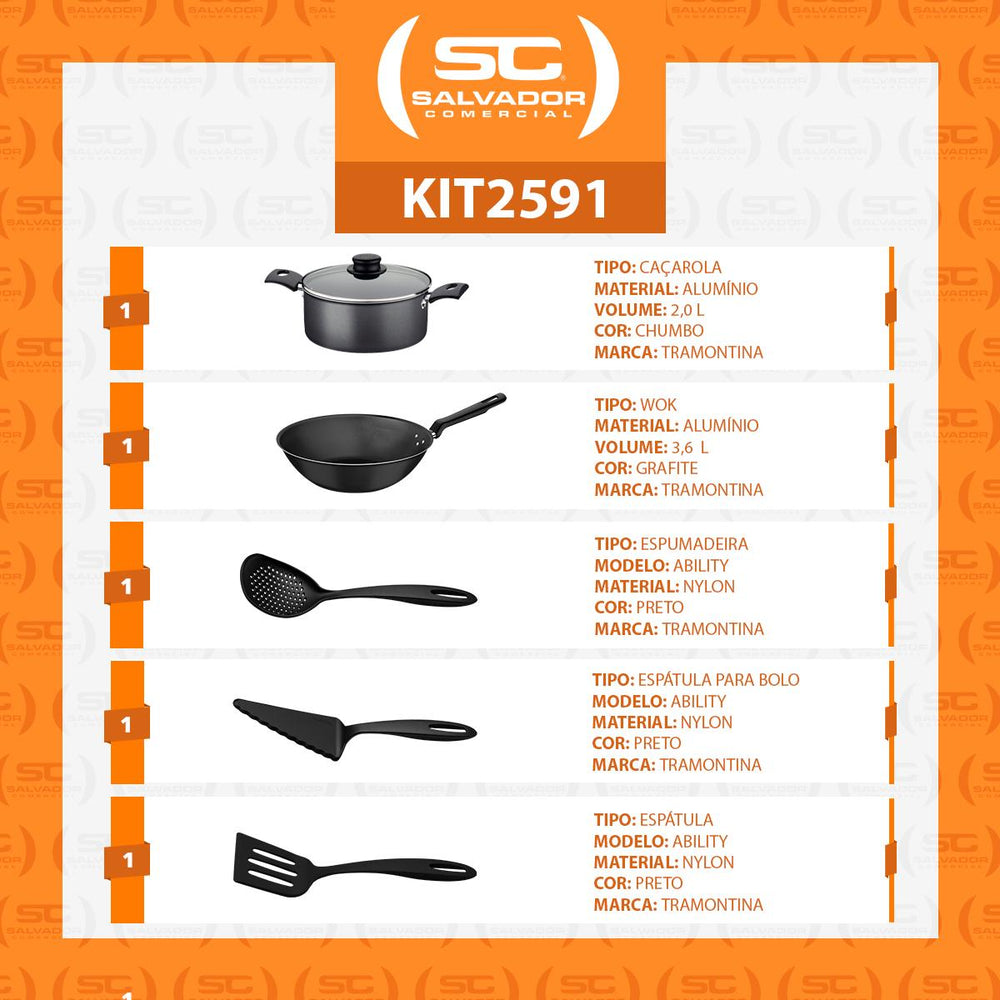 Caçarola Turim Alumínio Chumbo Antiaderente 2,0l + Wok Loreto 3,6l + Utensílios Ability - Tramontina