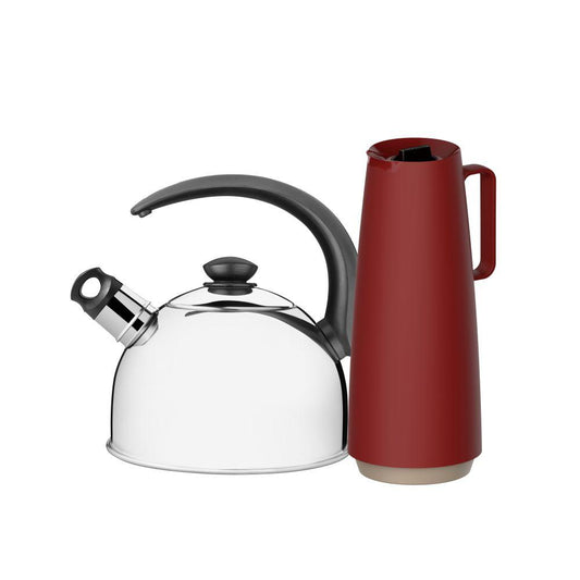 Chaleira em Aço Inox Com Apito  2,1l e Bule Garrafa Térmica 1l Vermelho Tramontina