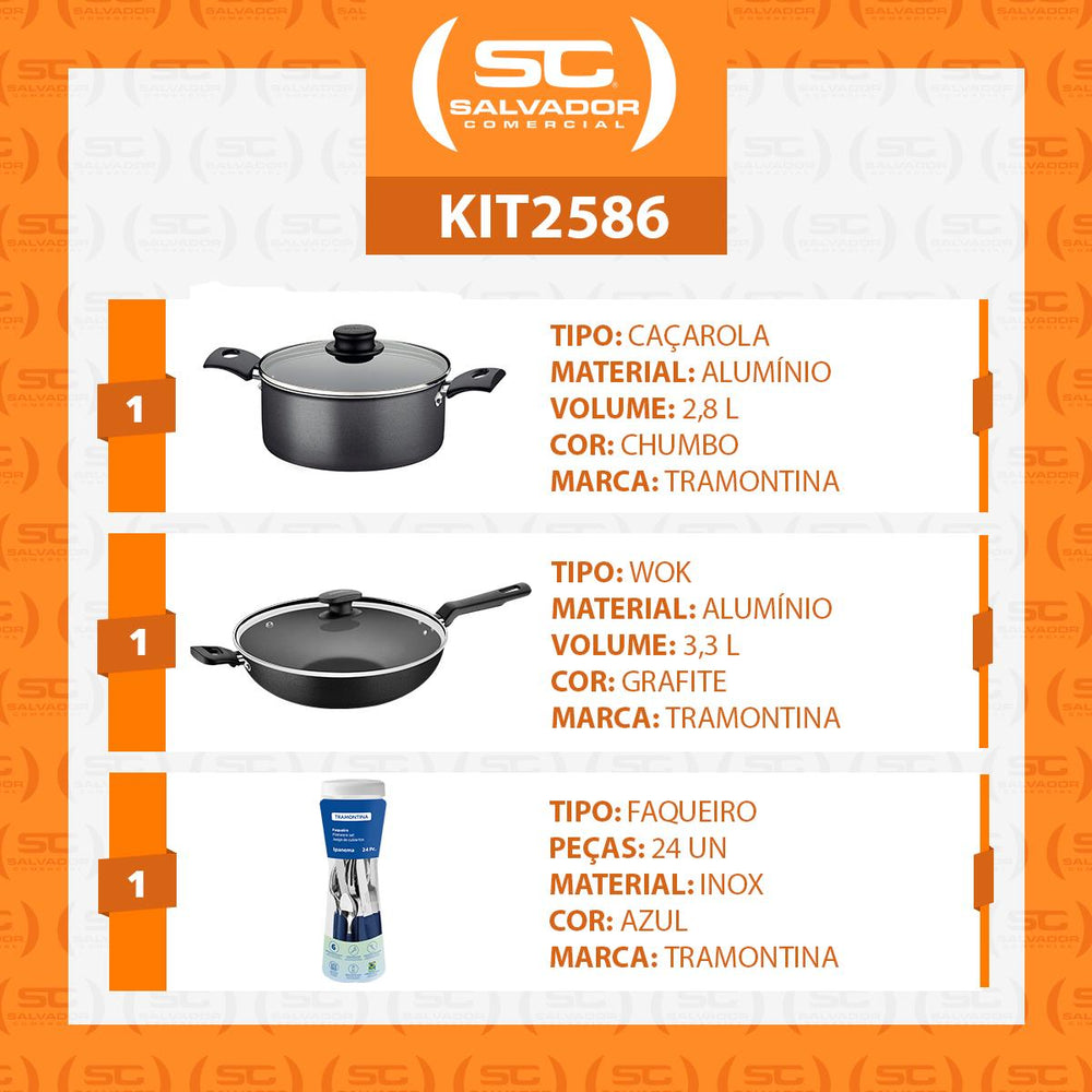 Caçarola Turim Alumínio Chumbo Antiaderente 2,8L + Faqueiro Ipanema Azul 24pc + Wok Loreto 3,3L