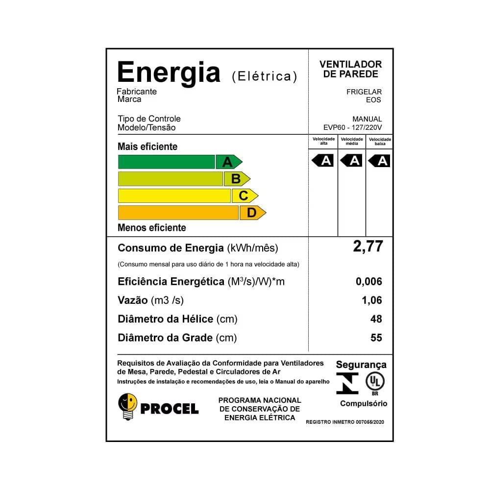 Ventilador De Parede Oscilante 5 Pás Turbo Vento EVP60 Bivolt - EOS B162836