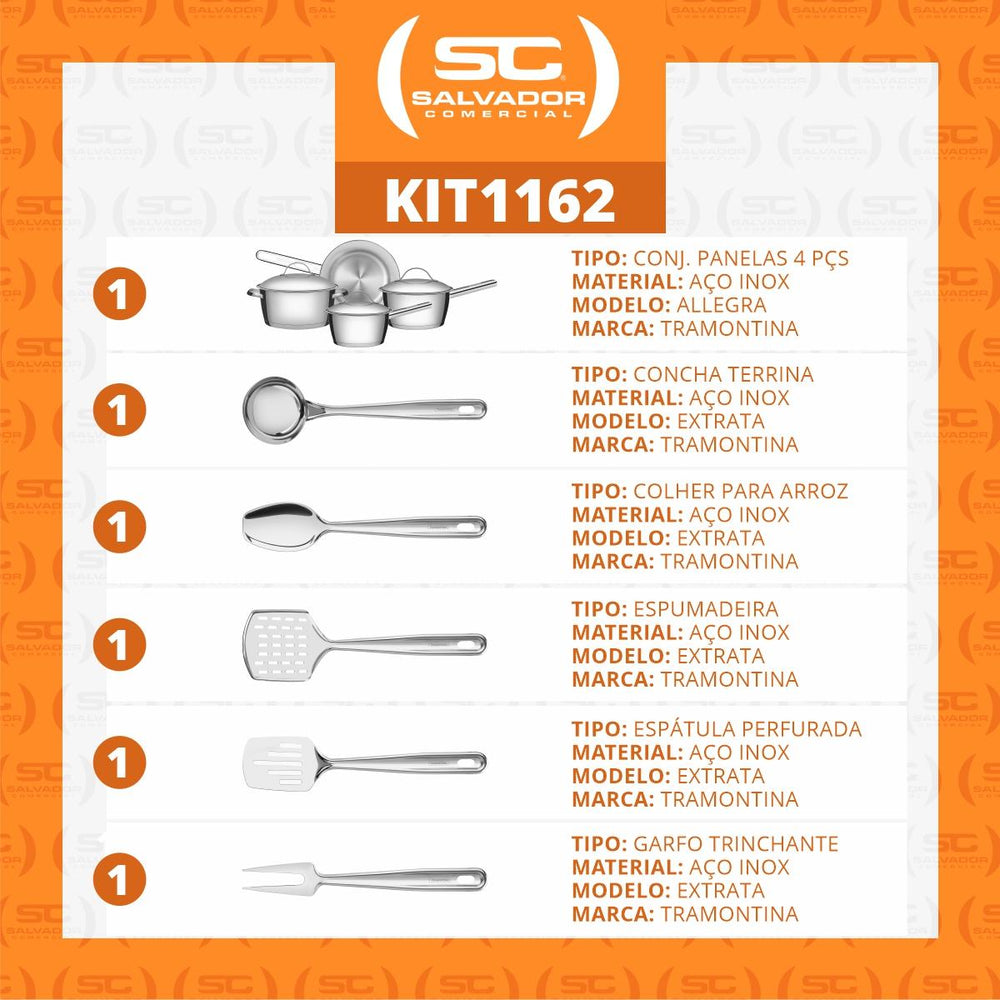 Kit Cozinha Allegra Aço Inox Fundo Triplo 9 Peças Com Utensílios - Tramontina