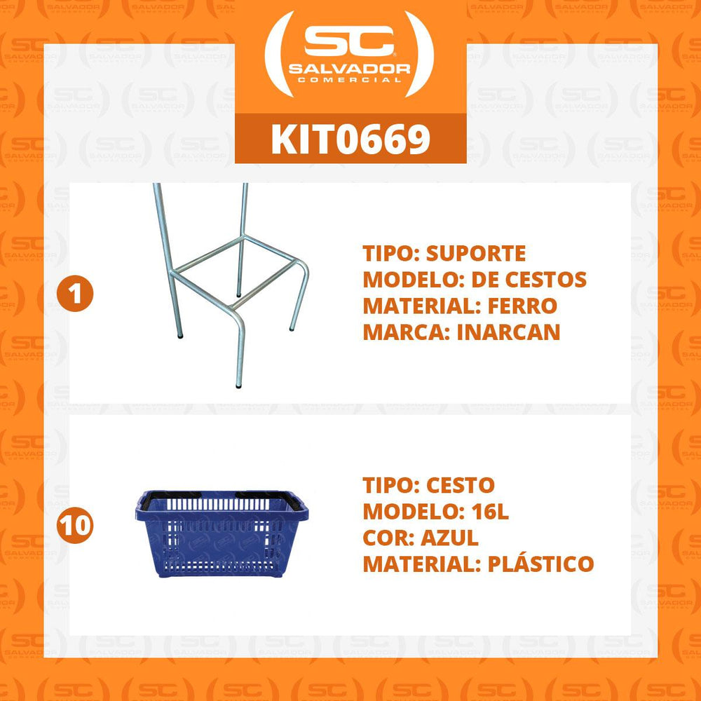 Kit - Suporte Para Cestos de Compras Simples + 10 Cestos D100 Azul