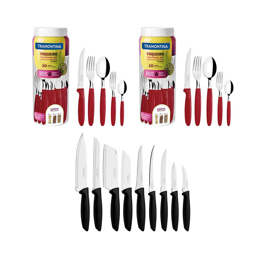 Kit 2 Faqueiros Inox 30 Peças Ipanema Vermelho + 1 Conjunto Facas 9pç - Tramontina