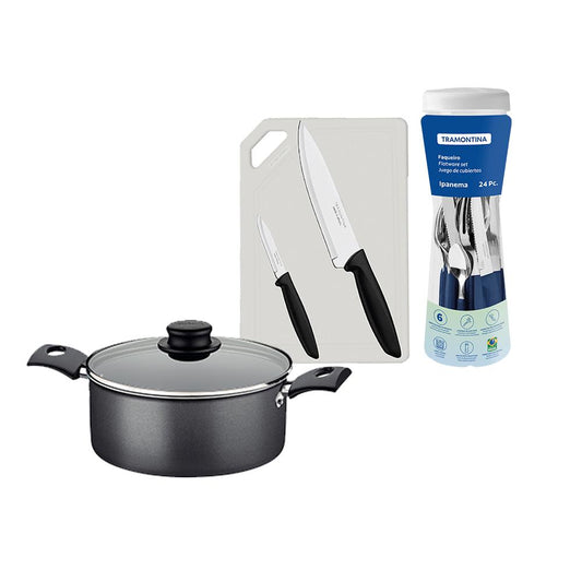 Caçarola Turim Alumínio Chumbo Antiaderente 2,0l + Faqueiro Ipanema 24pc + Tábua e Facas - Tramontina