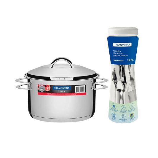 Kit Caçarola Aço Inox Solar 6,1 Litros PIT 2 + Faqueiro 24 Peças Ipanema Cabo Branco - Tramontina
