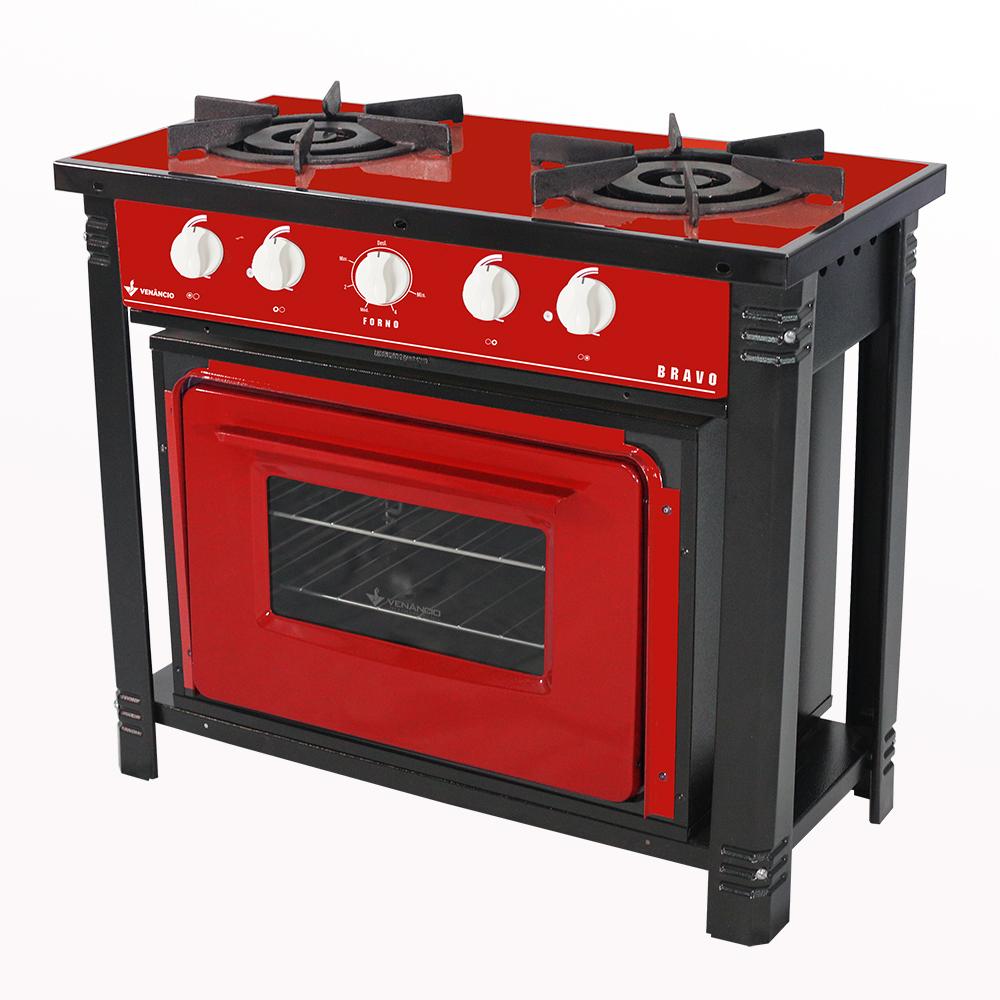 Fogão Industrial 2 Bocas com Forno Bravo Vermelho Venâncio + 2 Caçarolas Tramontina Turim