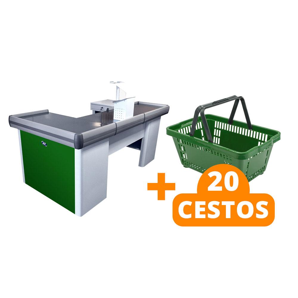 Kit Caixa De Supermercado Empacotador Check-Out 2,00m Recorte + 20 Cestos De Compras Verde