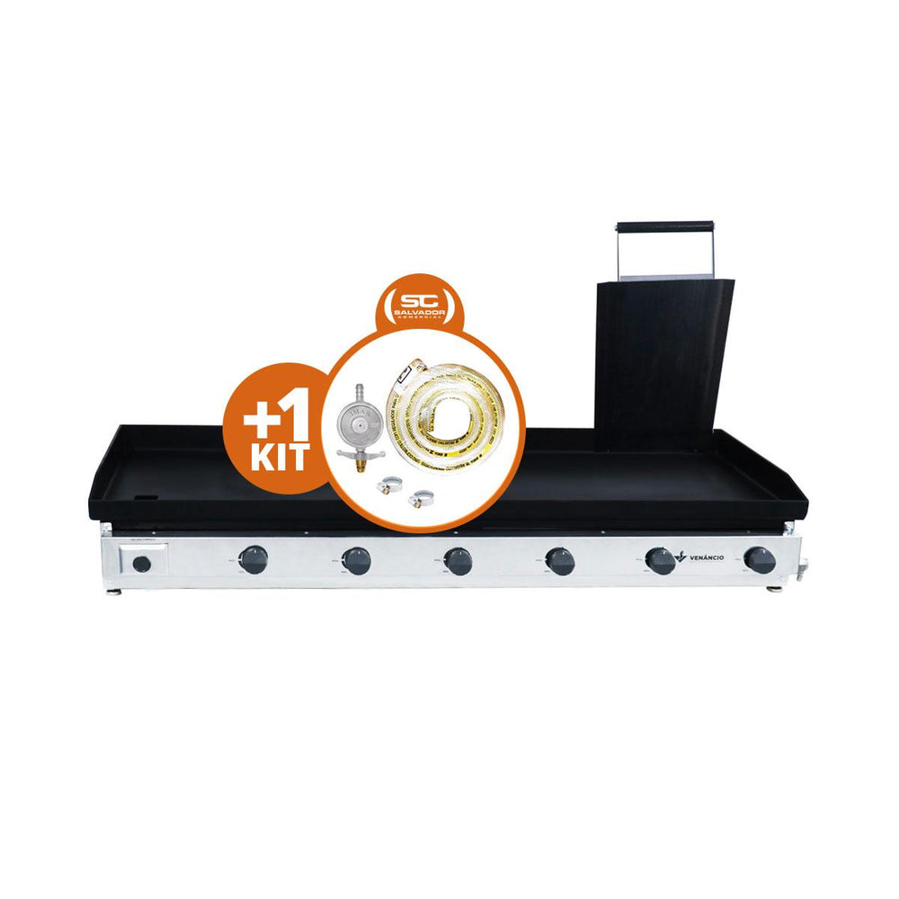 Kit - Chapa Bifeteira A Gás Lisa 140cm Comercial Aço Carbono C140P 6,35mm C/Prensa + Kit Gás 2kg - Venâncio