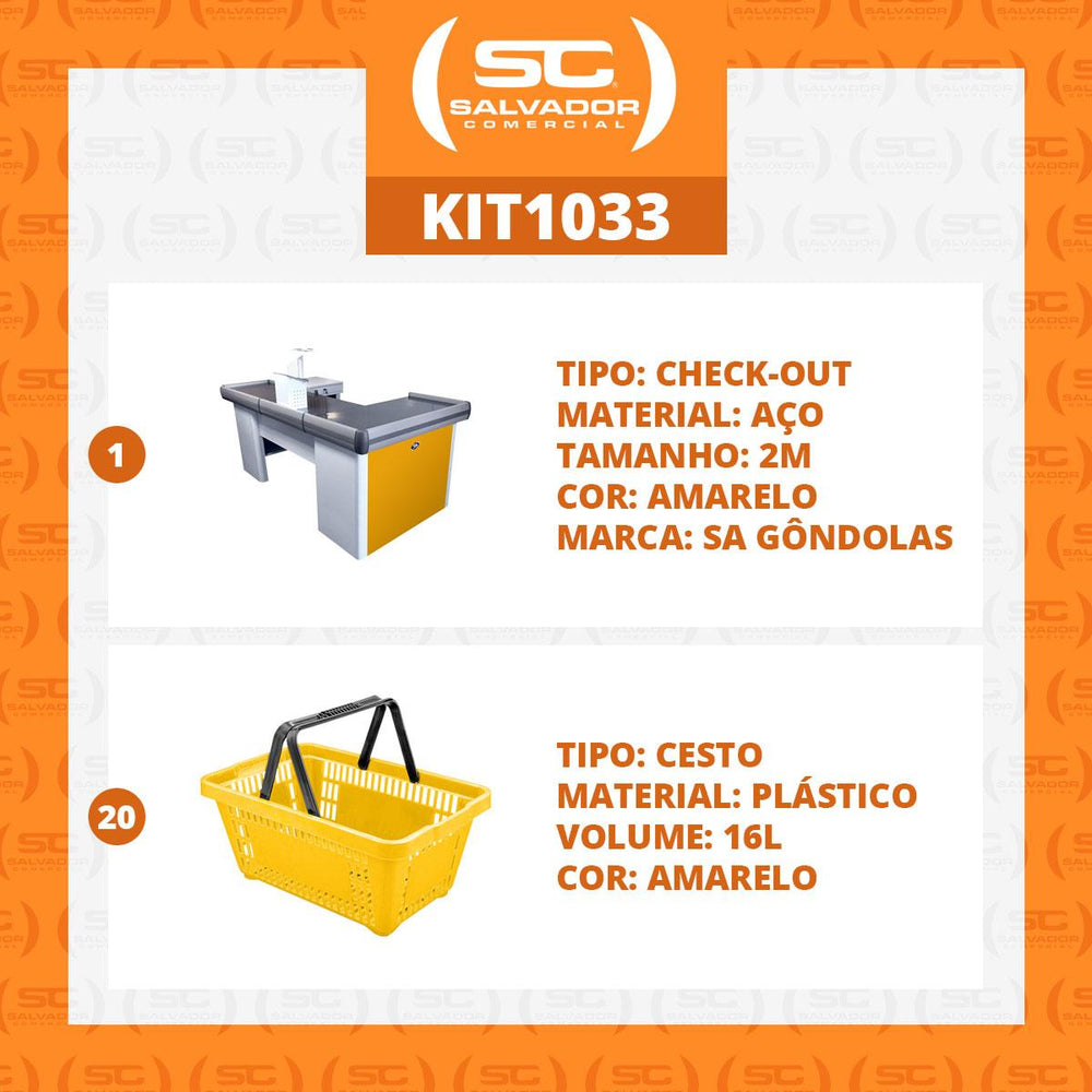 Kit Caixa De Supermercado Empacotador Check-Out 2,00m Recorte + 20 Cestos De Compras Amarelo