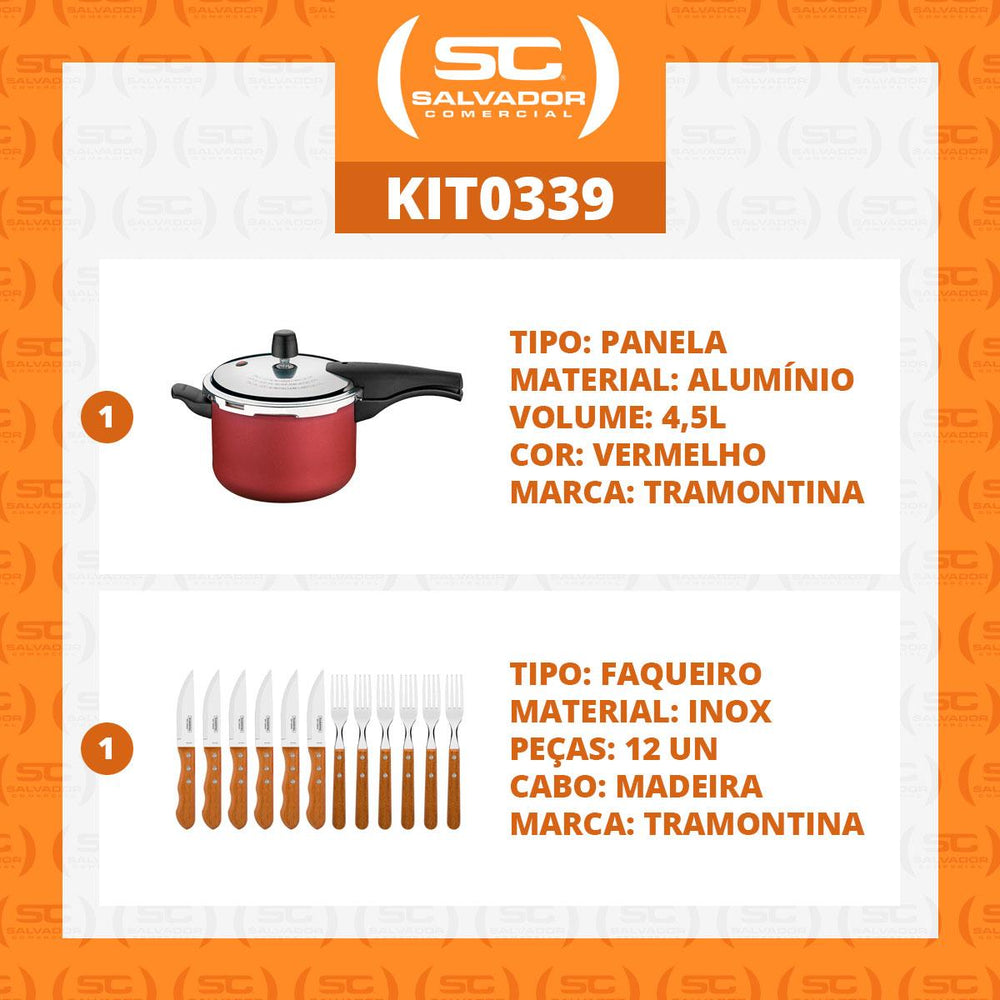 Kit Panela de Pressão 4,5L Vancouver Vermelha + 1 Jogo Churrasco 12pç - Tramontina