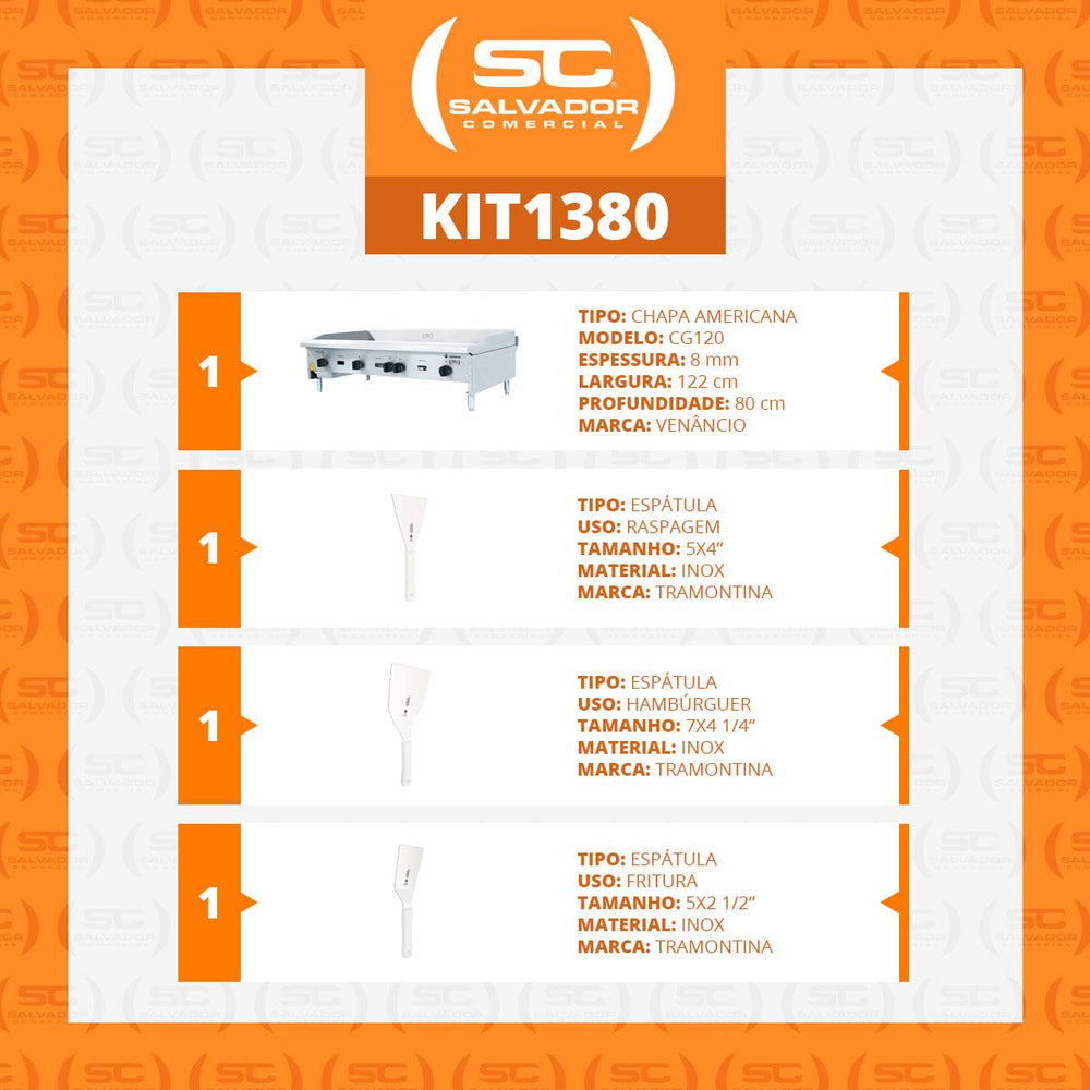 Chapa Americana Profissional 120cm a Gás 8mm Lisa Inox CG120 e Conjunto de Espátulas - Venâncio