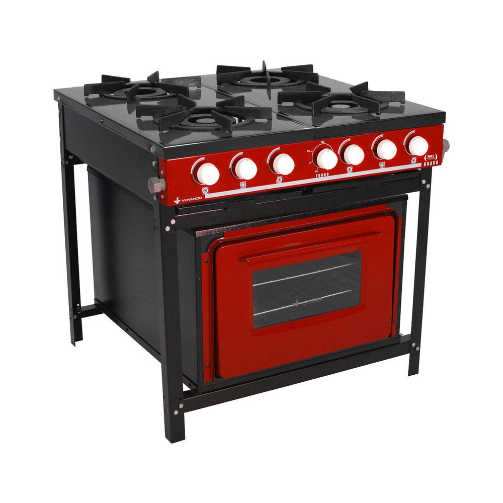 Fogão Industrial 4 Bocas a Gás Bravo Multicores Com Forno Vermelho BR4BF - Venâncio
