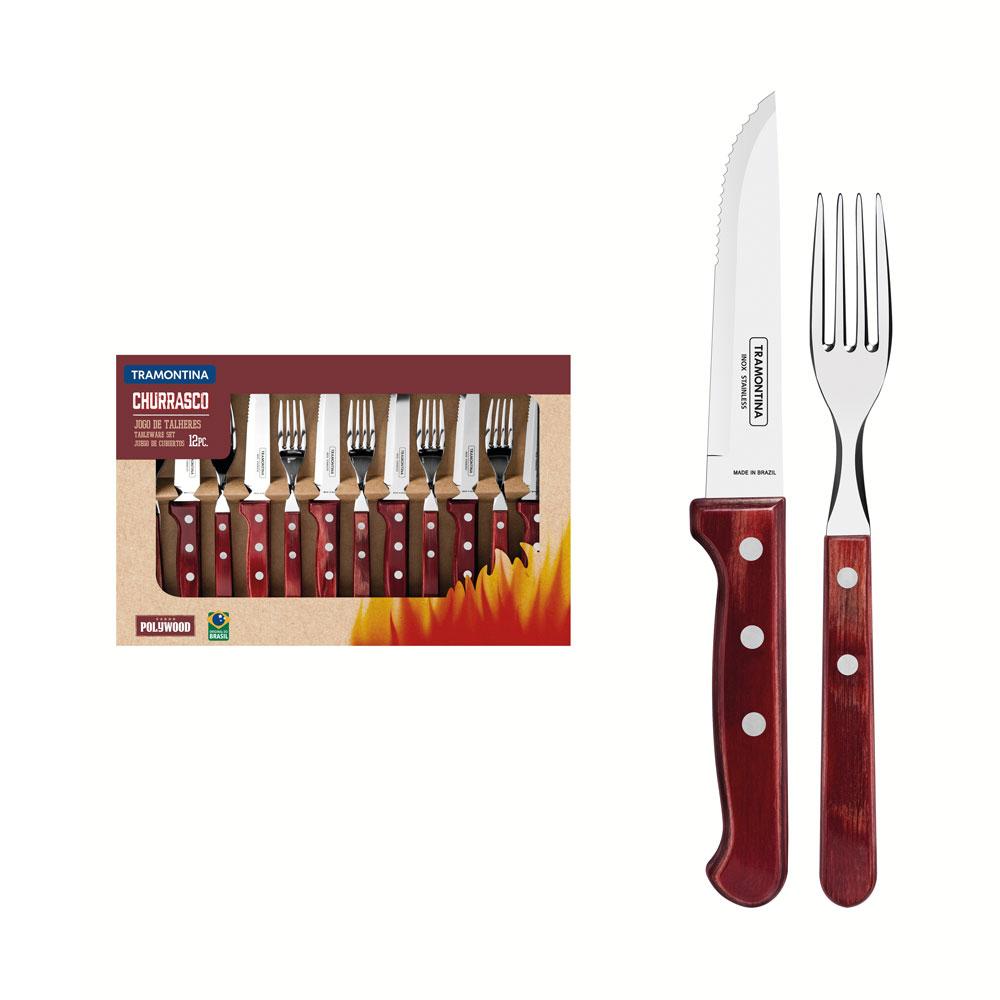 Jogo de Talheres Para Churrasco Aço Inox Com Cabo Vermelho Polywood 12 Peças - Tramontina 21198776