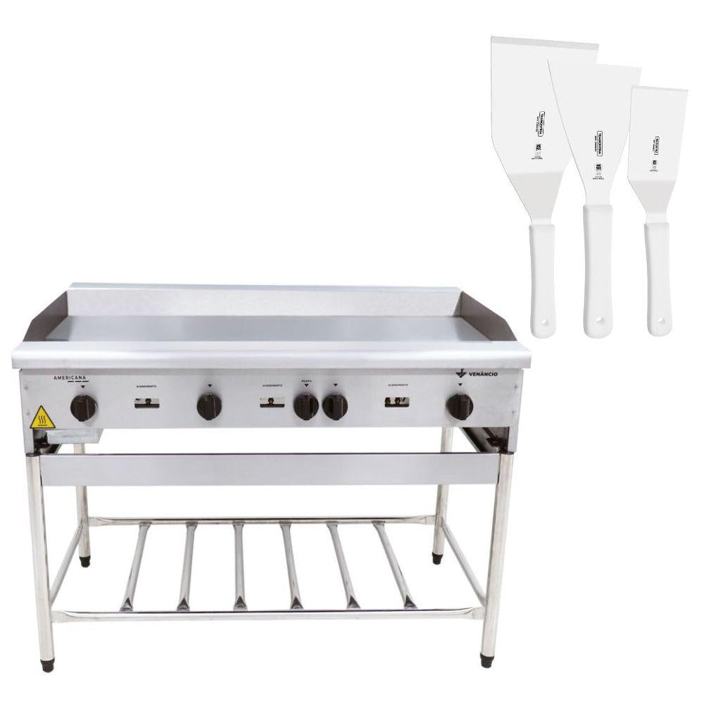 Chapa Americana Profissional 120cm a Gás 18mm Lisa Inox Com Pé CGP120 e Espátulas - Venâncio