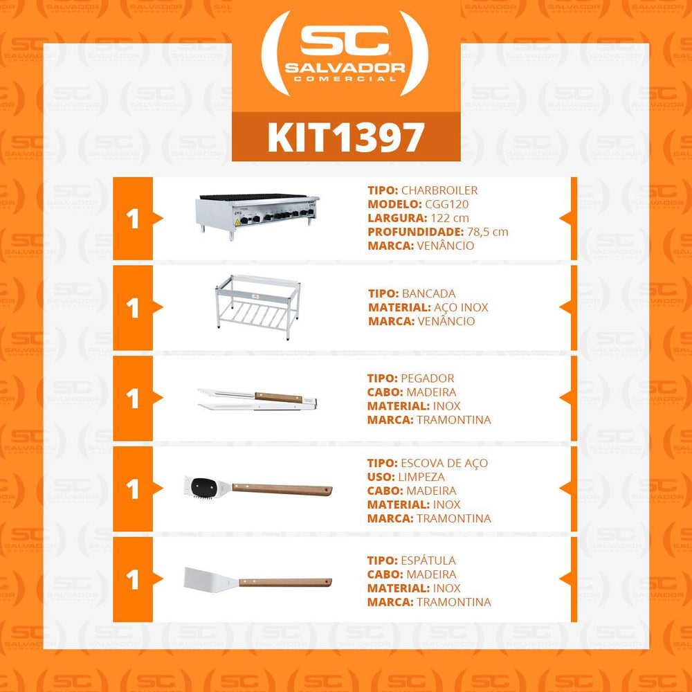 Chapa Char broiler Profissional Grill 120cm Gás Inox Com Pé Cggp120 e Utensílios - Venâncio