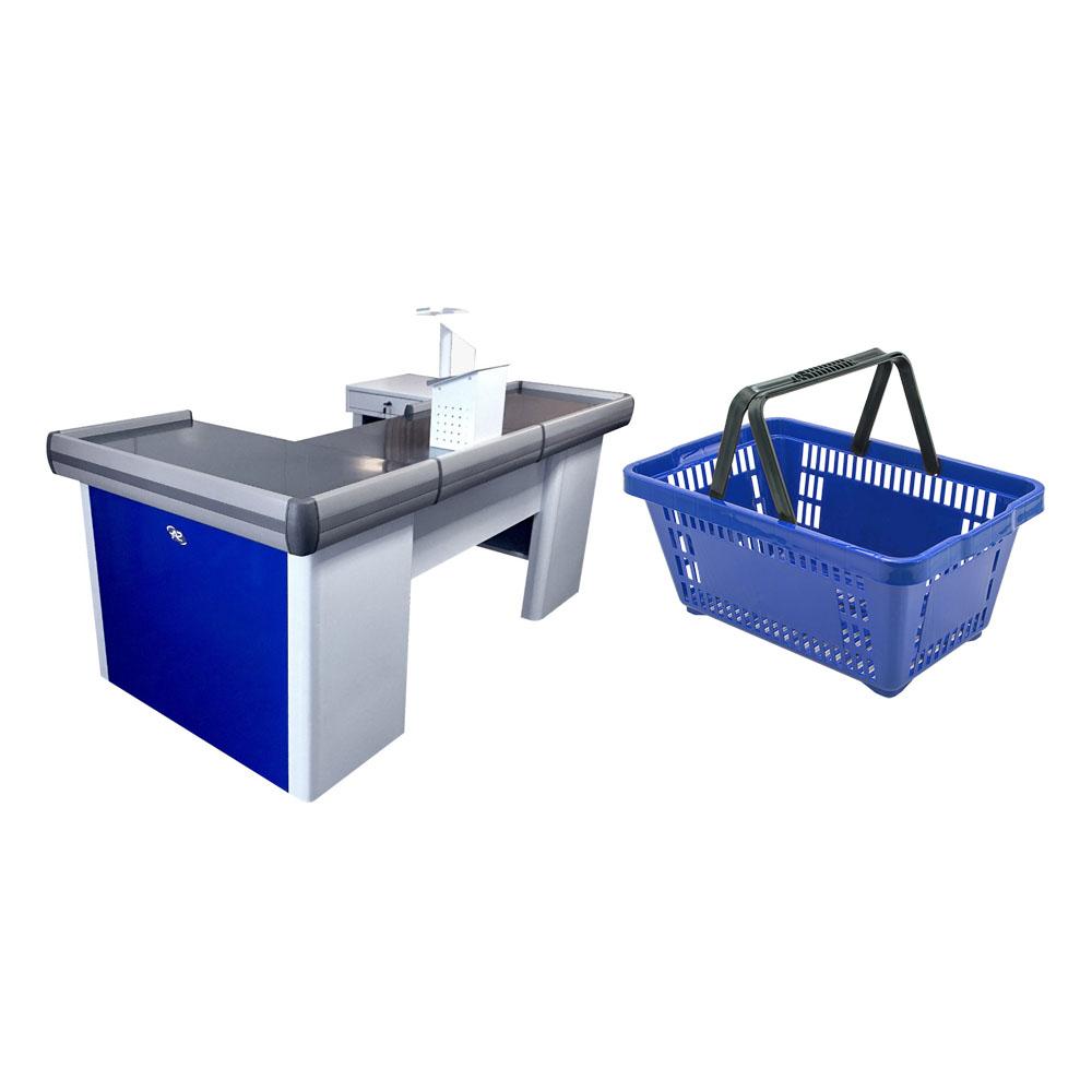 Kit Caixa De Supermercado Empacotador Check-Out 2,00m Recorte + 5 Cestos De Compras Azul