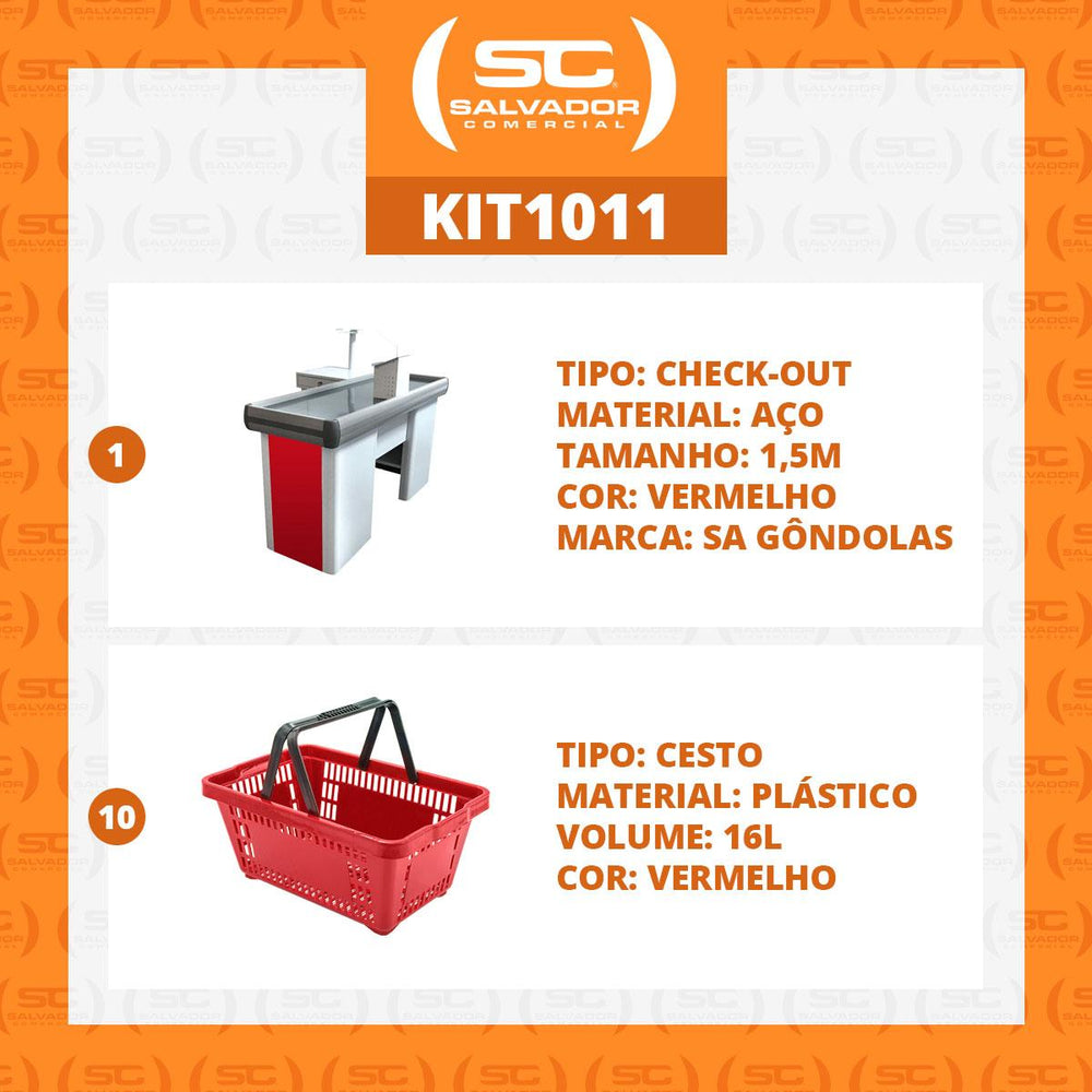 Kit Caixa De Supermercado Empacotador Check-Out 1,50m Recorte + 10 Cestos De Compras Vermelho