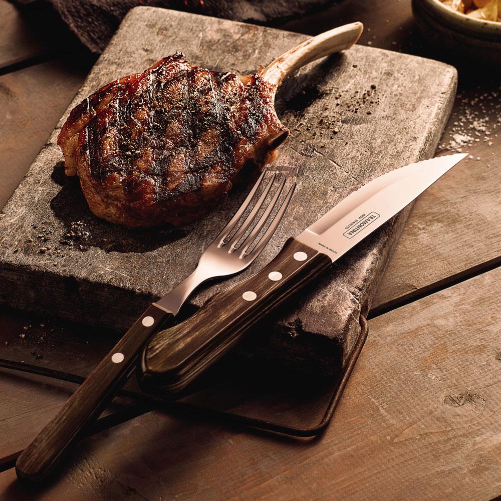 Jogo de Talheres Para Churrasco Jumbo Em Aço Inox Com Cabo Castanho Polywood 12 Peças - Tramontina 21199996