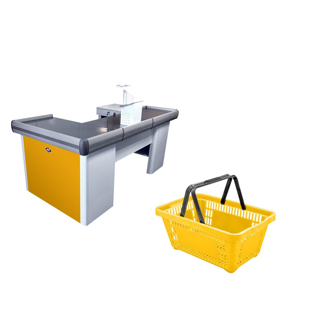 Kit Caixa De Supermercado Empacotador Check-Out 2,00m Recorte + 20 Cestos De Compras Amarelo
