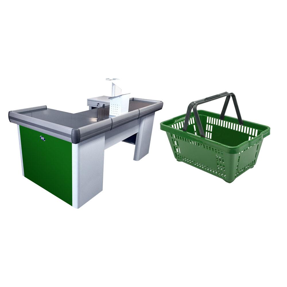 Kit Caixa De Supermercado Empacotador Check-Out 2,00m Recorte + 20 Cestos De Compras Verde