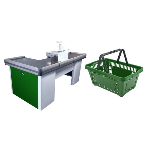 Kit - Caixa Supermercado Empacotador Check-out 2m Recorte + 20 Cestos de Compras Verde