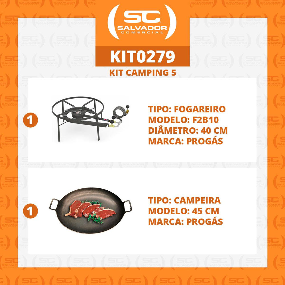 Kit Camping 5 - Fogareiro Fogão F2B10 Redondo 40cm Duplo de Mesa + Chapa Campeira 45cm – Progás