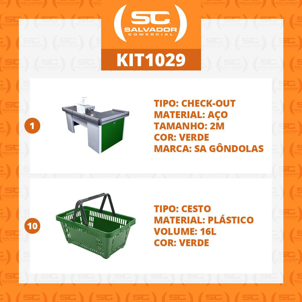 Kit Caixa De Supermercado Empacotador Check-Out 2,00m Recorte + 10 Cestos De Compras Verde