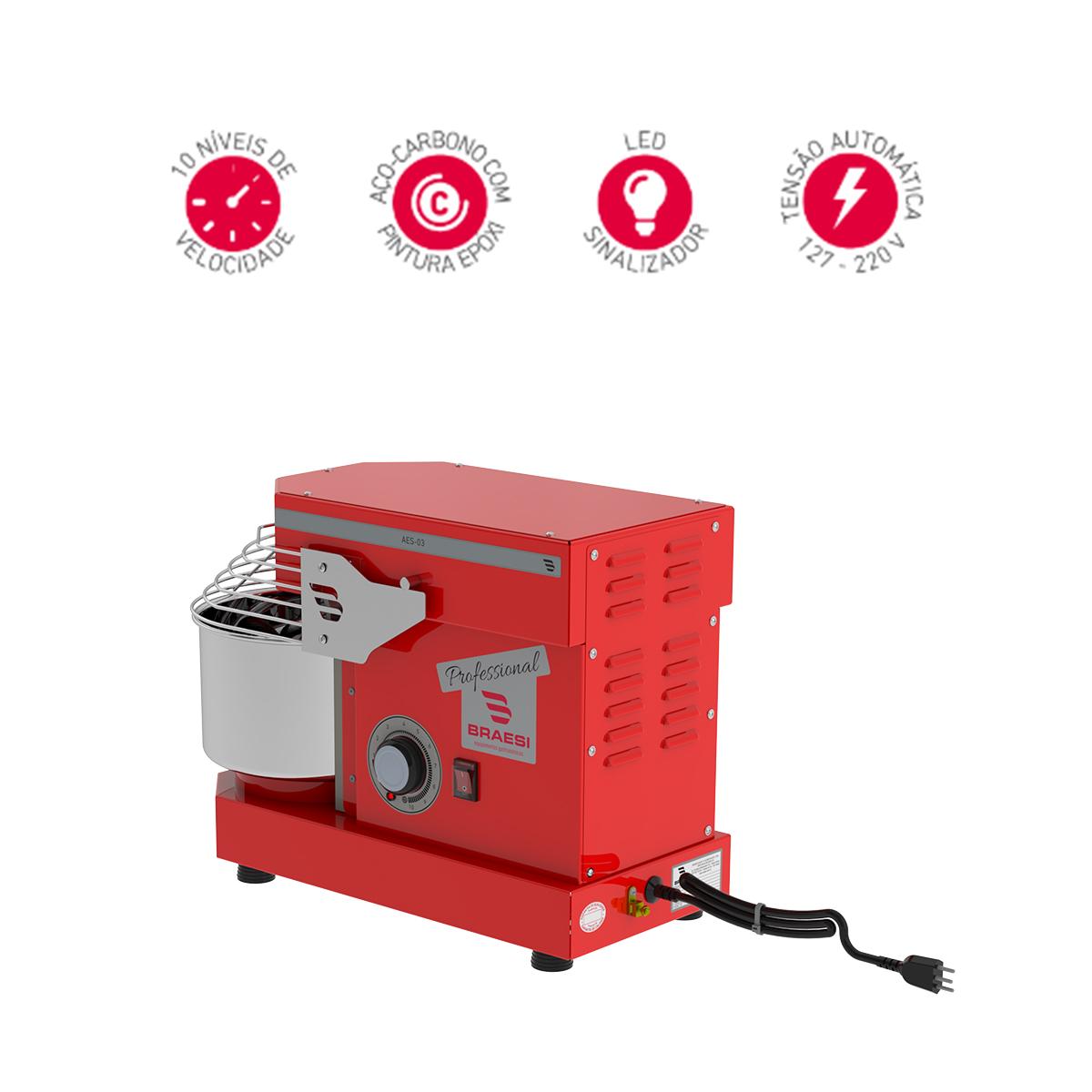 Amassadeira Espiral 3 Kg Masseira Industrial Vermelha Epóxi 10 Velocidades AES-03 Bivolt - Braesi B18882