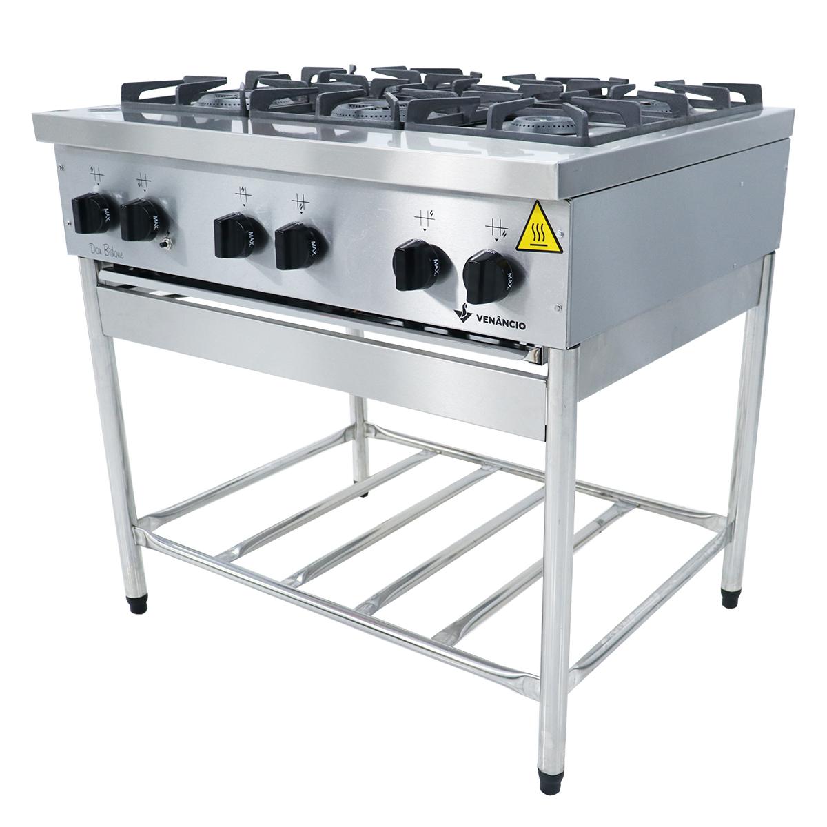 Fogão Industrial 6 Bocas a Gás Baixa Pressão Don Bidone Inox Com Cavalete FDB6M - Venâncio