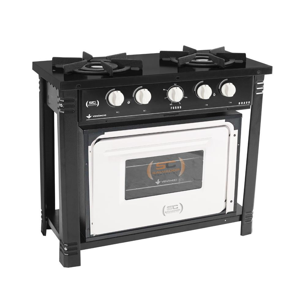 Fogão Industrial  2 Bocas Duplas a Gás Preto com Forno Branco Bravo BR2BF – Venâncio