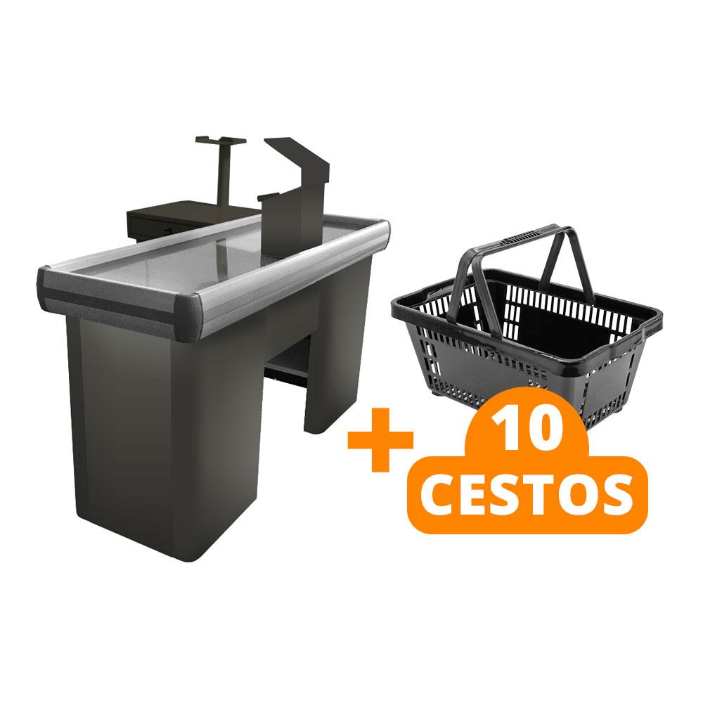 Kit - Caixa Supermercado Empacotador Check-out 1,5m Recorte + 10 Cestos de Compras Preto