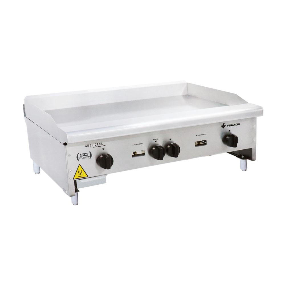 Chapa Americana Profissional 90cm a Gás 18mm Lisa Inox Com Pé CGP90 - Venâncio