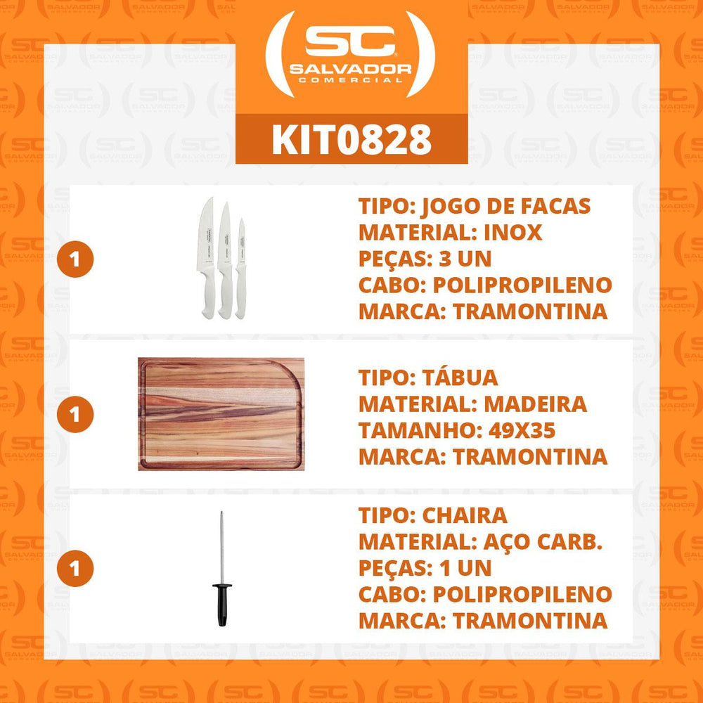Kit - Faqueiro Premium 3 Peças + Tábua Para Churrasco 49x35 + Chaira 8 Pol - Tramontina