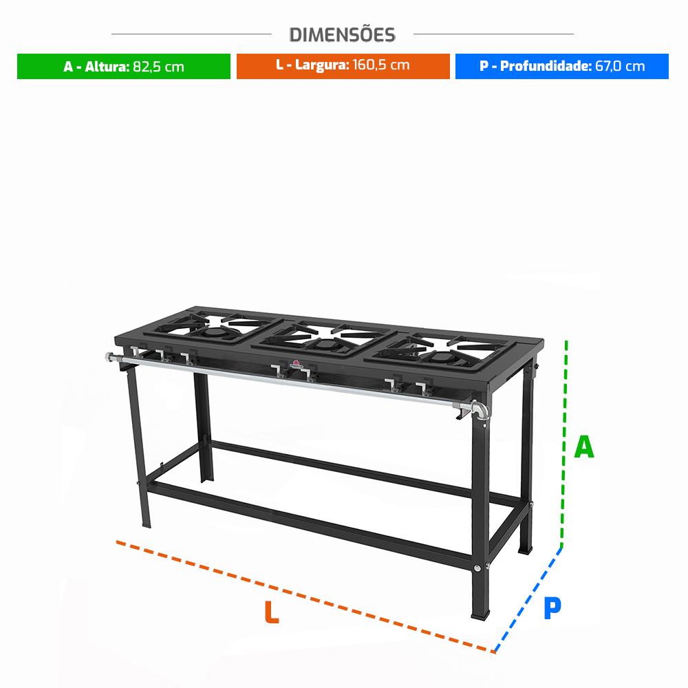 Fogão Industrial modular a gás GLP 3 queimadores duplos aço carbono baixa pressão PMD 300NF Progás;